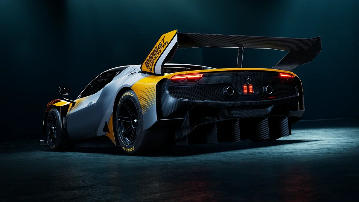 Exterior rear view of yellow and gray Ferrari 296 GT Modificata
