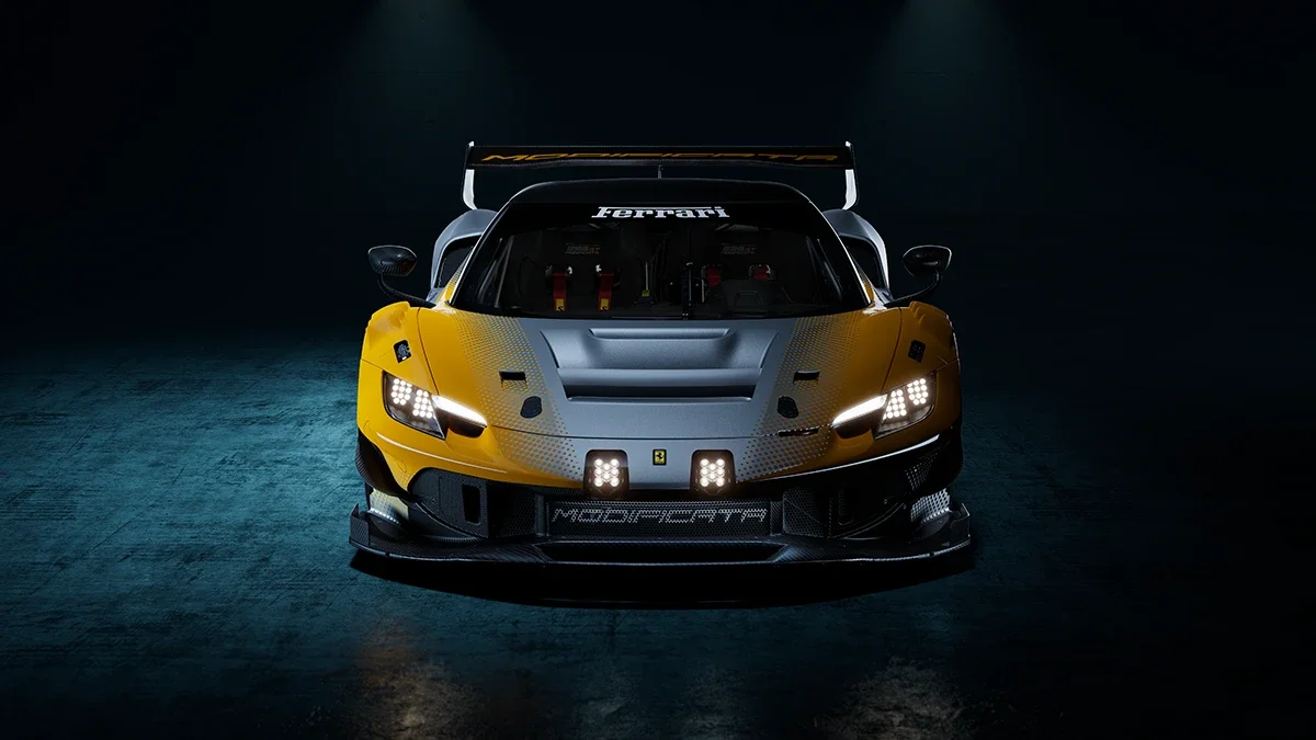 Studio-lit front exterior view of a gray and yellow Ferrari 296 GT Modificata