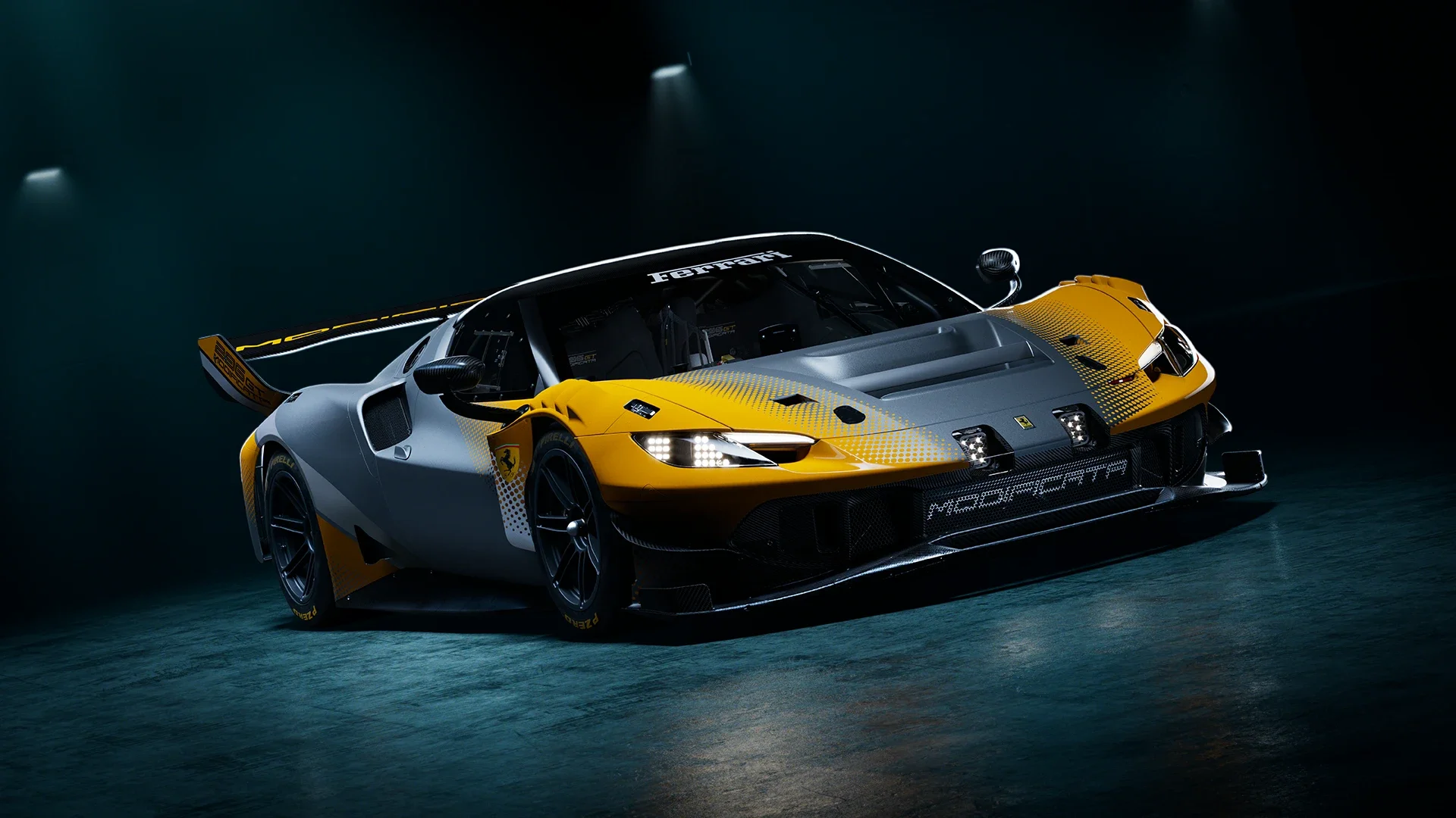 Studio front view of a gray and yellow Ferrari 296 GT Modificata