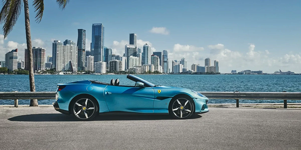 Ferrari Portofino M rear view near the Golden Gate Bridge
